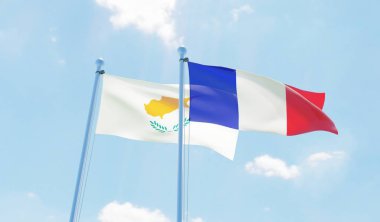 Fransa ve Kıbrıs ' ta iki bayrak sallayarak karşı mavi gökyüzü. 3D görüntü