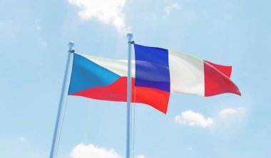 Fransa ve Almanya, iki bayrak sallayarak karşı mavi gökyüzü. 3D görüntü