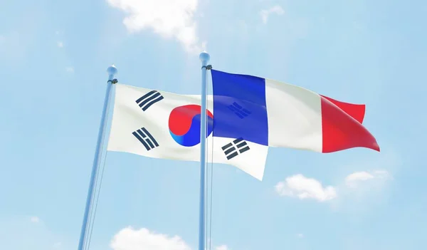Francia Corea Del Sur Dos Banderas Ondeando Contra Cielo Azul —  Fotos de Stock