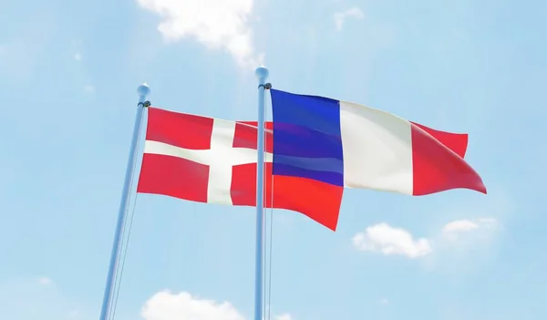 France Denmark Two Flags Waving Blue Sky Image — Stock Photo, Image