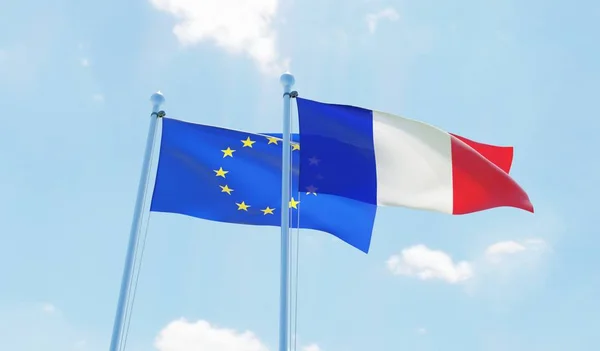 França União Europeia Duas Bandeiras Acenando Contra Céu Azul Imagem — Fotografia de Stock
