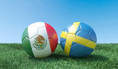 Bayraklar renkler yeşil çimenlerin üzerinde iki futbol topları. Meksika ve İsveç. 3D görüntü