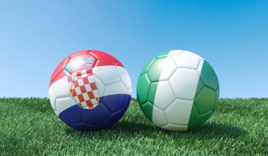 Bayraklar renkler yeşil çimenlerin üzerinde iki futbol topları. Hırvatistan ve Türkiye. 3D görüntü