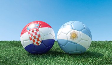 Bayraklar renkler yeşil çimenlerin üzerinde iki futbol topları. Hırvatistan ve Arjantin. 3D görüntü