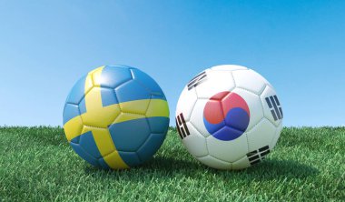 Bayraklar renkler yeşil çimenlerin üzerinde iki futbol topları. İsveç ve Güney Kore. 3D görüntü