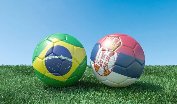 Two Soccer Balls Flags Colours Green Grass Brazil Serbia Image — Stock Photo, Image