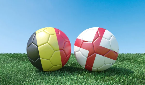 Två Fotbollar Flaggor Färger Grönt Gräs Belgien Och England Bild — Stockfoto