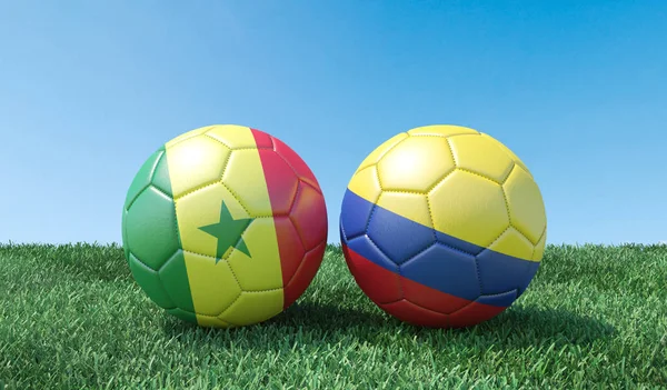 Två Fotbollar Flaggor Färger Grönt Gräs Senegal Och Colombia Bild — Stockfoto