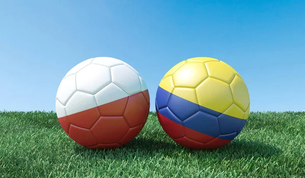 Deux Ballons Football Aux Couleurs Drapeaux Sur Herbe Verte Pologne — Photo