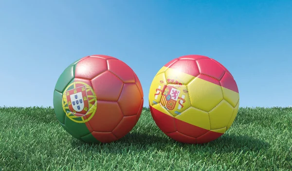 Deux Ballons Football Aux Couleurs Drapeaux Sur Herbe Verte Portugal — Photo