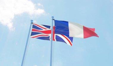 İngiltere ve Fransa, iki bayrak sallayarak karşı mavi gökyüzü. 3D görüntü