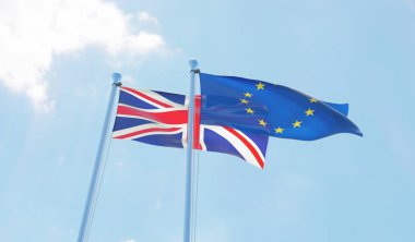 Amerika Birleşik Devletleri ve Avrupa Birliği, iki bayrak sallayarak karşı mavi gökyüzü. 3D görüntü