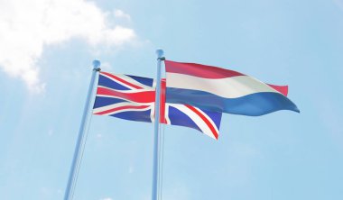 İngiltere ve Hollanda, iki bayrak sallayarak karşı mavi gökyüzü. 3D görüntü