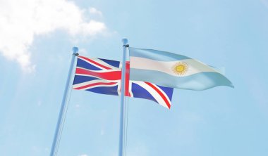 İngiltere ve Arjantin, iki bayrak sallayarak karşı mavi gökyüzü. 3D görüntü