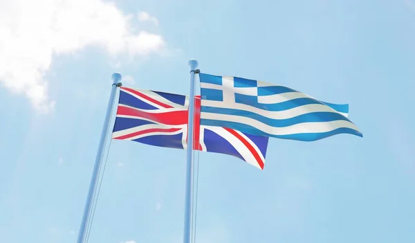 Reino Unido Grecia Dos Banderas Ondeando Contra Cielo Azul Imagen —  Fotos de Stock
