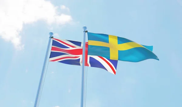 Wielka Brytania Szwecja Dwie Flagi Macha Przeciw Błękitne Niebo Obraz — Zdjęcie stockowe