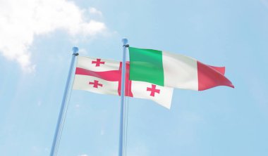 Gürcistan ve İtalya, iki bayrak sallayarak karşı mavi gökyüzü. 3D görüntü
