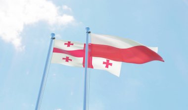 Gürcistan ve Polonya, iki bayrak sallayarak karşı mavi gökyüzü. 3D görüntü