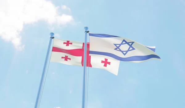 Grúzia Izrael Két Zászlókat Lengetve Ellen Blue Sky Kép — Stock Fotó