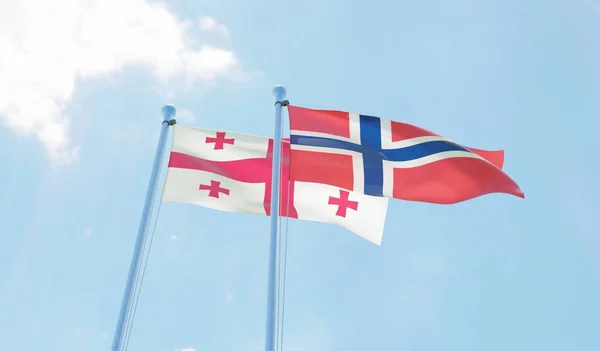 Georgia Norwegia Dwie Flagi Macha Przeciw Błękitne Niebo Obraz — Zdjęcie stockowe