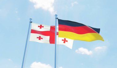 Almanya ve Georgia, iki bayrak sallayarak karşı mavi gökyüzü. 3D görüntü