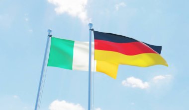 Almanya ve İrlanda, iki bayrak sallayarak karşı mavi gökyüzü. 3D görüntü