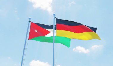 Almanya ve Ürdün, iki bayrak sallayarak karşı mavi gökyüzü. 3D görüntü