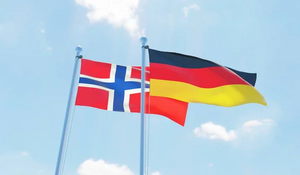 Niemcy Norwegia Dwie Flagi Macha Przeciw Błękitne Niebo Obraz — Zdjęcie stockowe