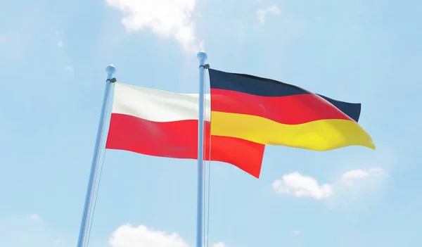 Německo Polsko Dva Vlají Proti Modré Obloze Obrázek — Stock fotografie