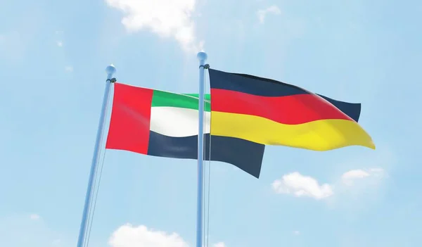 Německo Spojené Arabské Emiráty Dva Vlají Proti Modré Obloze Obrázek — Stock fotografie