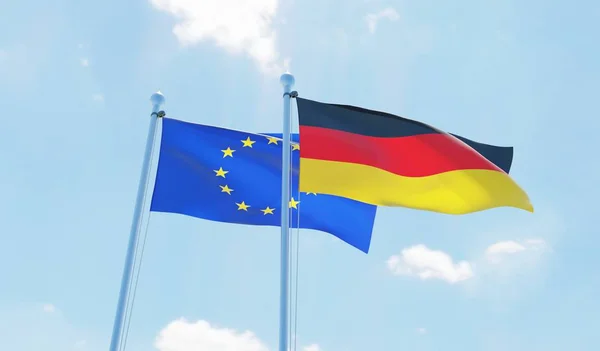 Německo Evropské Unie Dva Vlají Proti Modré Obloze Obrázek — Stock fotografie