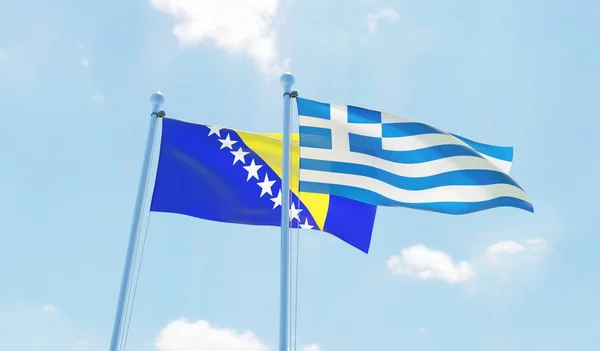 Grecia Bosnia Herzegovina Dos Banderas Ondeando Contra Cielo Azul Imagen —  Fotos de Stock