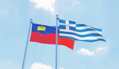 Yunanistan ve Liechtenstein, iki bayrak sallayarak karşı mavi gökyüzü. 3D görüntü