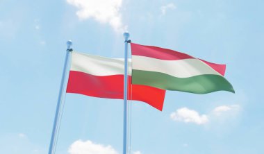 Macaristan ve Polonya, iki bayrak sallayarak karşı mavi gökyüzü. 3D görüntü