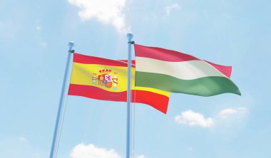 Macaristan ve İspanya, iki bayrak sallayarak karşı mavi gökyüzü. 3D görüntü