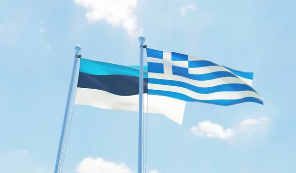 Grèce Estonie Deux Drapeaux Agitant Contre Ciel Bleu Image — Photo