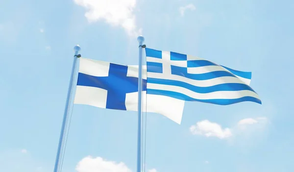 Grecia Finlandia Dos Banderas Ondeando Contra Cielo Azul Imagen —  Fotos de Stock