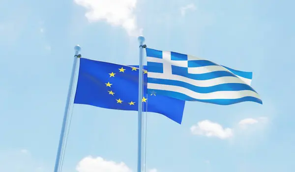Grecia Unión Europea Dos Banderas Ondeando Contra Cielo Azul Imagen —  Fotos de Stock