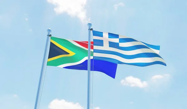Grecia Sudáfrica Dos Banderas Ondeando Contra Cielo Azul Imagen —  Fotos de Stock