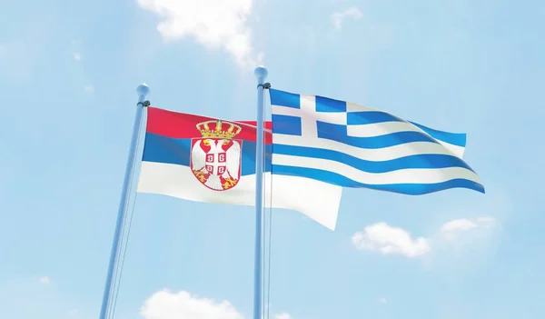 Yunanistan ve Sırbistan, iki bayrak sallayarak karşı mavi gökyüzü. 3D görüntü