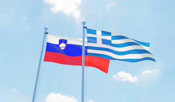 Grécia Eslovénia Duas Bandeiras Acenando Contra Céu Azul Imagem — Fotografia de Stock