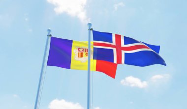 İzlanda ve Andorra, iki bayrak sallayarak karşı mavi gökyüzü. 3D görüntü