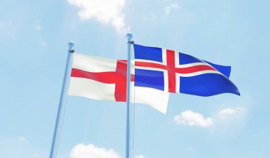 İzlanda ve İngiltere'de, iki bayrak sallayarak karşı mavi gökyüzü. 3D görüntü