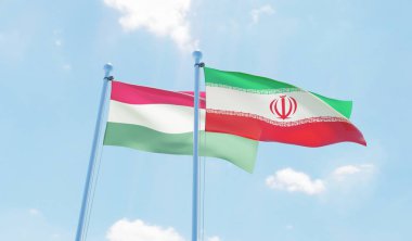 Iran ve Macaristan, iki bayrak sallayarak karşı mavi gökyüzü. 3D görüntü