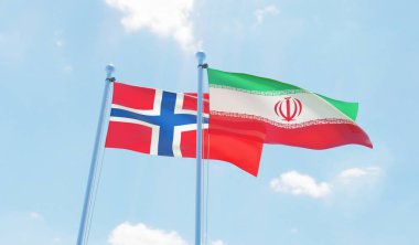 Iran ve Norveç, iki bayrak sallayarak karşı mavi gökyüzü. 3D görüntü