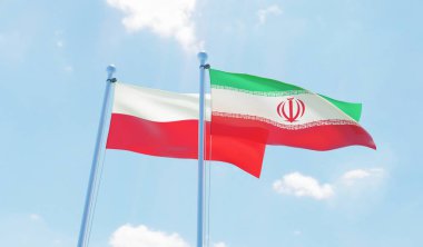 Iran ve Polonya, iki bayrak sallayarak karşı mavi gökyüzü. 3D görüntü