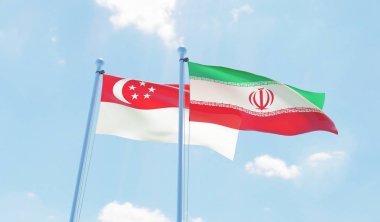 Iran ve Singapur, iki bayrak sallayarak karşı mavi gökyüzü. 3D görüntü