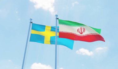 Iran ve İsveç, iki bayrak sallayarak karşı mavi gökyüzü. 3D görüntü