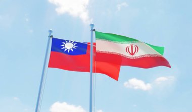 Iran ve Tayvan, iki bayrak sallayarak karşı mavi gökyüzü. 3D görüntü