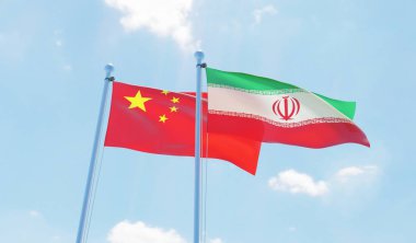 Iran ve Çin, iki bayrak sallayarak karşı mavi gökyüzü. 3D görüntü